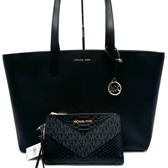 Michael Kors Medium Jet Set Travel Zip Tote Bag & Double Zip Wallet Black/Gold - Picture 1 of 13